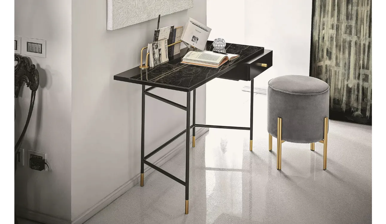 Scrittoio Vanity con top in marmo, cassetto in legno laccato e struttura in acciaio di Bontempi