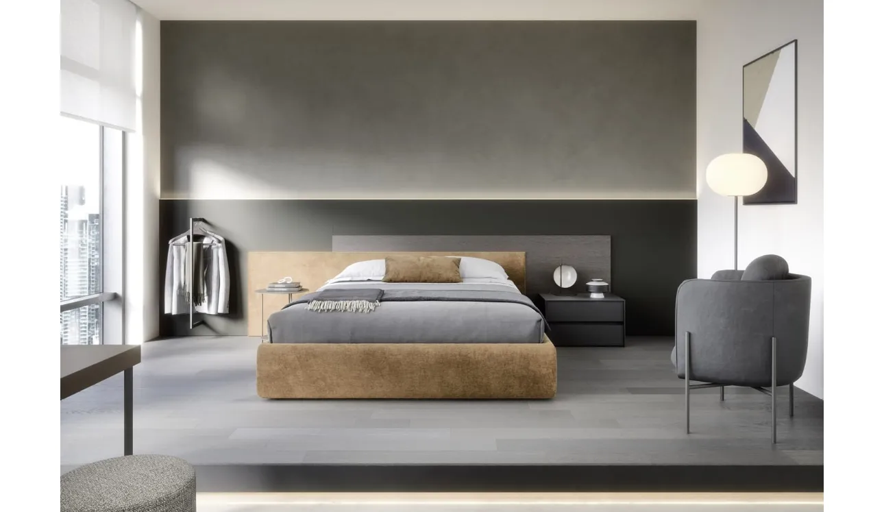 Letto con contenitore Testiera Time in tessuto imbottito e legno di Novamobili