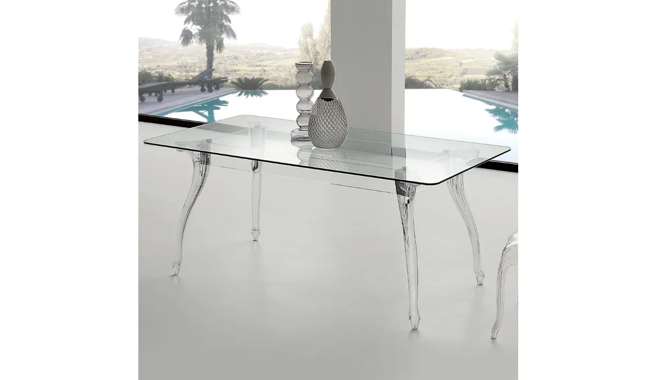 Tavolo di design Regina Table in vetro temperato trasparente con struttura in acrilico trasparente e gambe in policarbonato di La Seggiola