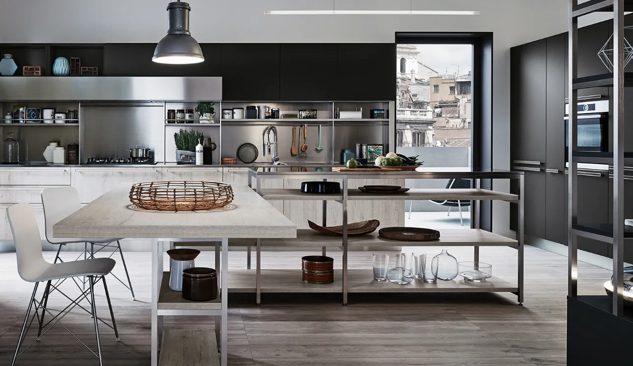 Cucina Moderna con penisola Ethica finitura Quercia Bianco Dek di Veneta Cucine