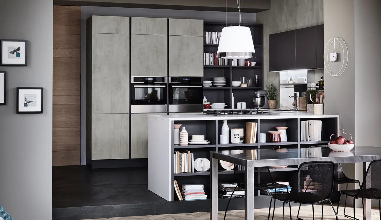 Cucina Moderna con penisola Oyster 08 in melaminico Beton Grigio e laccato Ardesia di Veneta Cucine