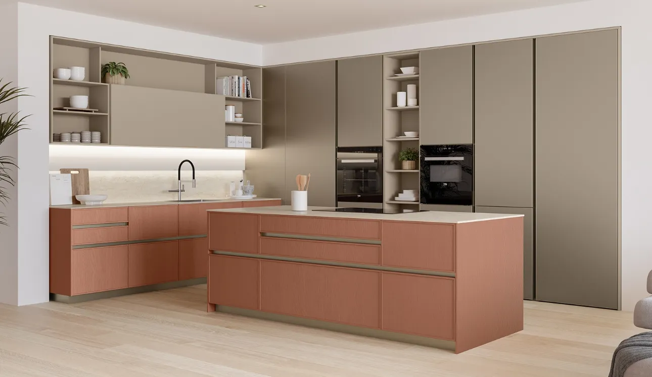 Cucina Moderna con isola Sakura 03 Laccato opaco Frassino Rosso Babila e laccato Alabastro di Veneta Cucine