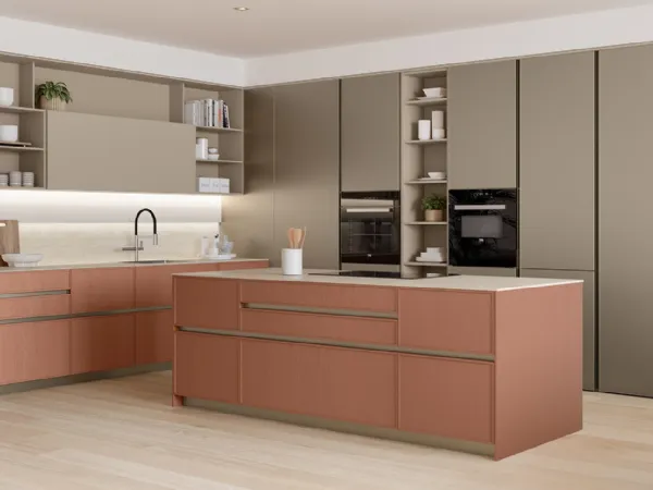 Cucina Moderna con isola Sakura 03 Laccato opaco Frassino Rosso Babila e laccato Alabastro di Veneta Cucine