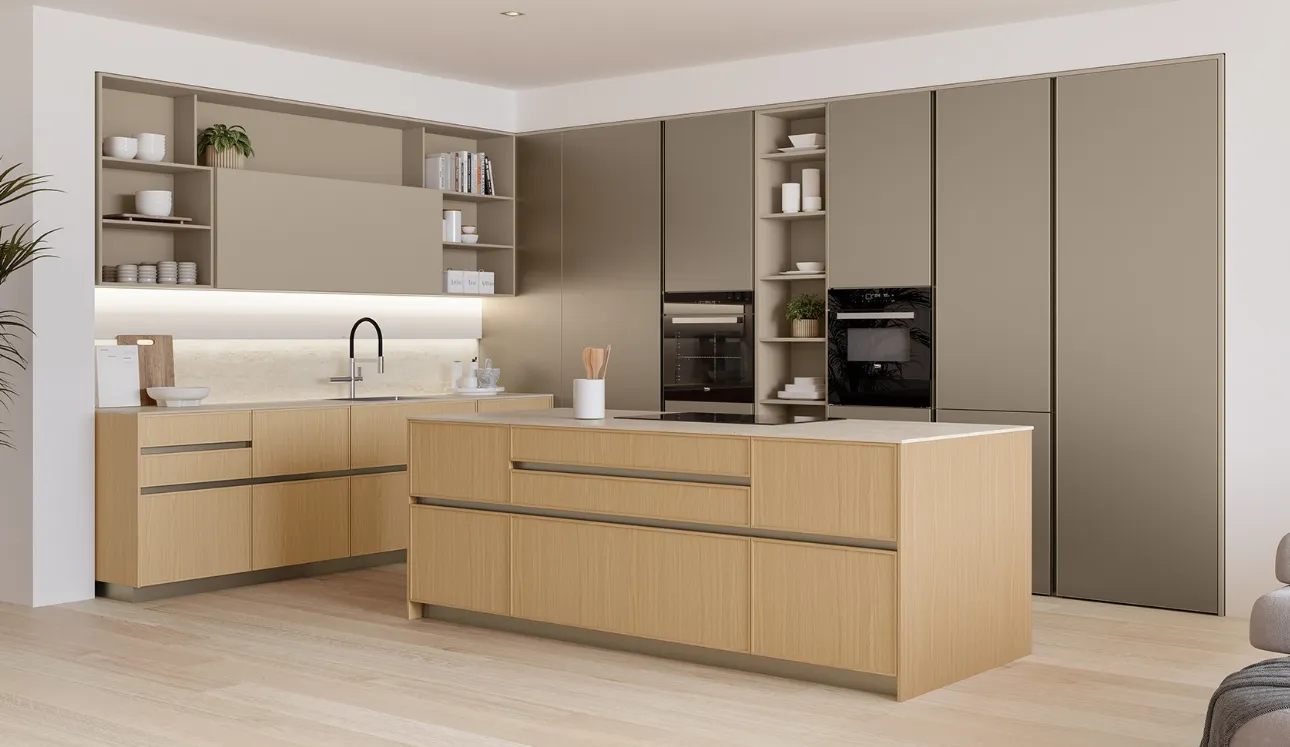 Cucina Moderna con isola Sakura 04 in Rovere Ikebana e laccato Alabastro di Veneta Cucine