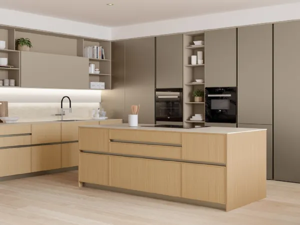 Cucina Moderna con isola Sakura 04 in Rovere Ikebana e laccato Alabastro di Veneta Cucine